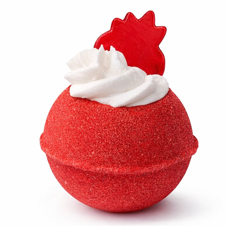 A round red bath bomb with white whipped bubble bath frosting on top with a strawberry shaped soap on top, on a white background.