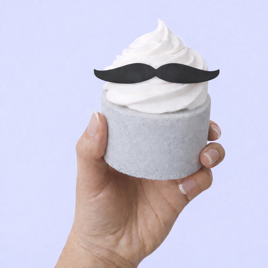 A grey cylinder shaped bath bomb with a white whipped bubble bath frosting and a moustache shaped soap on top, on a pastel purple background.