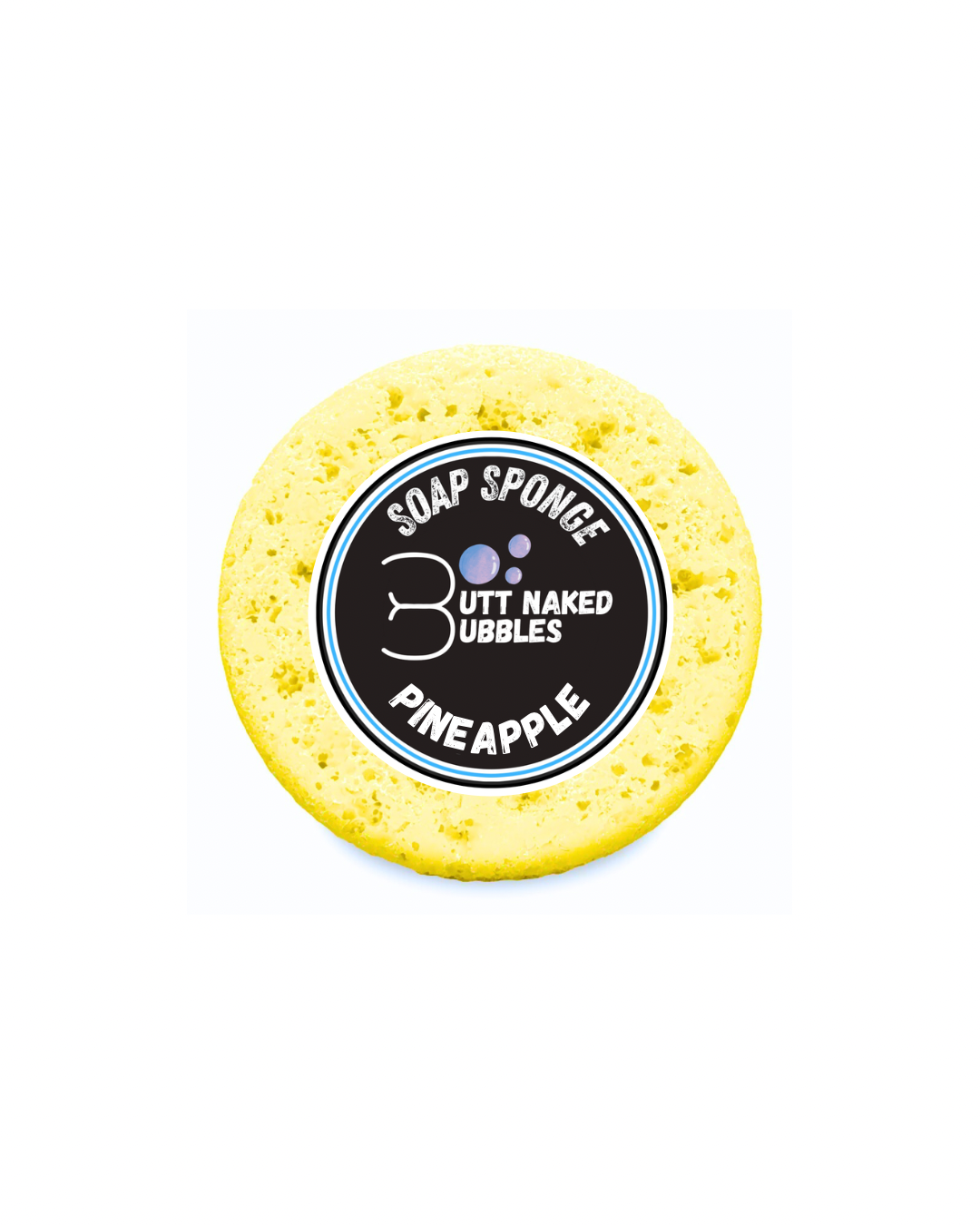 A yellow round massage sponge filled with a pineapple scented soap.