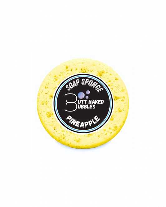 A yellow round massage sponge filled with a pineapple scented soap.